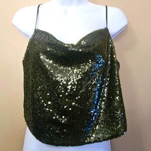 Jaya Apparel Group Women's Size S Croped Sequin Top Green Cowl Neck Y2K